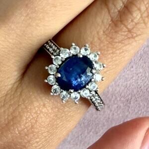 sterling silver oval-cut deep blue topaz & cz halo ring size 9.75